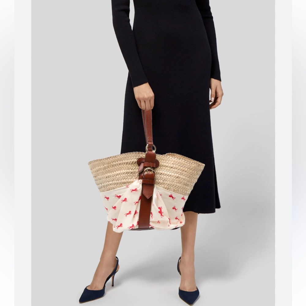 Authentic Chloe Panier leather-trimmed printed twill and woven raffia tote
